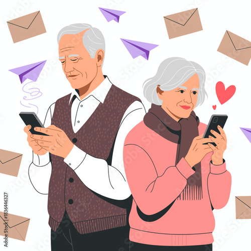 An engaging illustration of an older couple using smartphones, representing the connection, relationship, and communication facilitated by modern technology in later life stages.