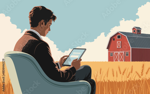 A thoughtful illustration of a man using a tablet while seated in a serene farm setting, blending traditional farming aesthetics with modern digital convenience and lifestyle.