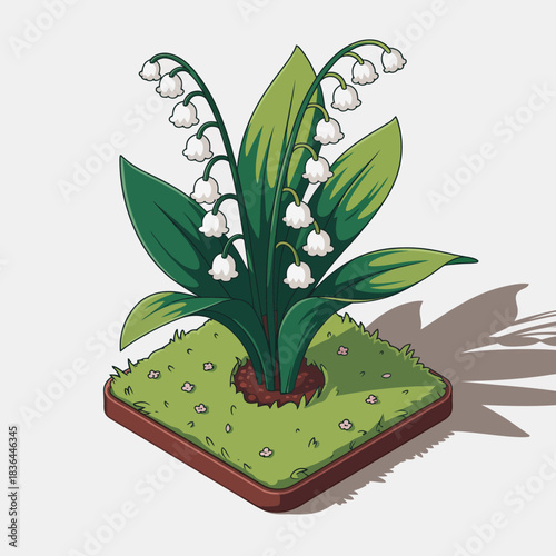 A detailed illustration of a Lily of the Valley plant showing blooming flowers, vibrant green leaves, and a lush base surrounded by grass in a square environment.