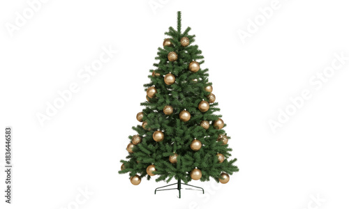 Green christmas tree decorated with gold glitter baubles standing on transparent background during december