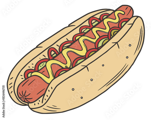 Delicious hotdog overflowing with toppings and mustard, perfect for summer cookouts, backyard barbecues, and fast food promotions, enjoy this tasty treat