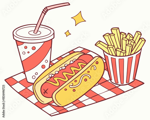 Fun cartoon hotdog, fries, and soda combo perfect for a picnic or summer party invite, bringing joy and deliciousness to your design projects