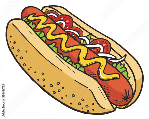 Delicious cartoon hotdog with mustard, tomatoes and onions craving for summer picnics, cookouts and backyard barbecues, an American classic delight