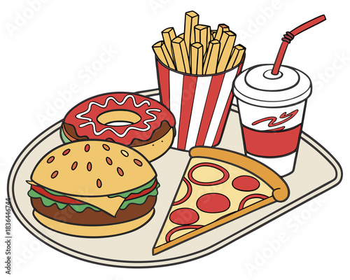 Enjoy a tempting fast food feast with a burger, pizza slice, fries, donut, and a refreshing soda, perfect for satisfying cravings and casual dining moments