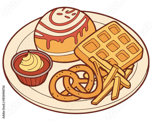 Delicious breakfast plate with waffle, donut, pretzels, fries, and dip, perfect for capturing fun food and carefree indulgence in vibrant style
