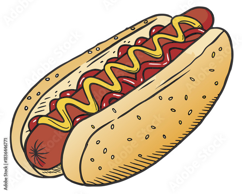 Delicious hotdog with mustard and ketchup, tempting fast food illustration perfect for menus, food blogs, or advertising, grab this mouthwatering treat