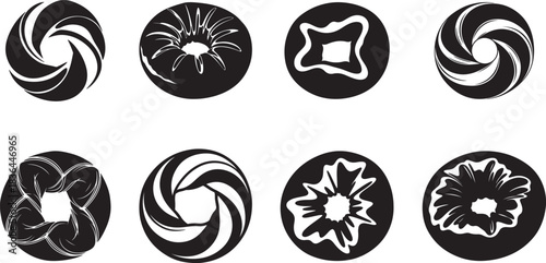 Camera Diaphragm and Aperture Icon Set - Photographic Lens, Iris Shutter, and Abstract Floral Symbols