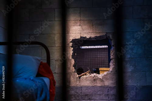 Prison break by wrecking wall by hammer. Escape and flee concept