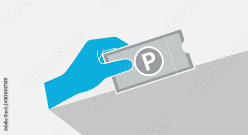 Illustration of a blue hand holding a gray parking ticket with a letter p