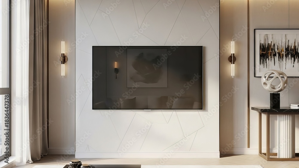 Fototapeta premium Modern television mounted on a textured wall with ambient lighting