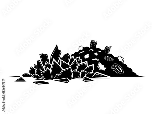 Broken glass near landfill, minimalist design, waste management concept, black silhouette on white background