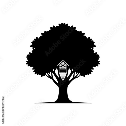Tree with insect hotel, minimalist design, eco-friendly concept, black silhouette on white background
