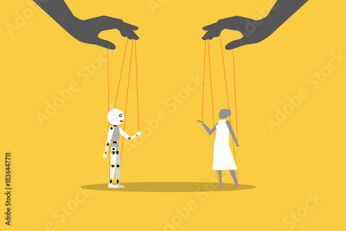 Controlling businessman and Artificial Intelligence with strings from a giant hand manipulating their moves