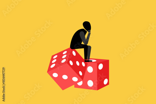 Greedy investor man dare sitting on dice. concept of Investment risk, stock trader, gambling, uncertainty, possibility of losing money or make a profit from investment