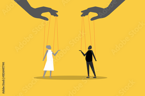 Controlling business people with strings from a giant hand manipulating their moves
