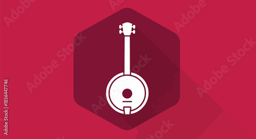 White banjo musical instrument icon on a red hexagon with long shadow