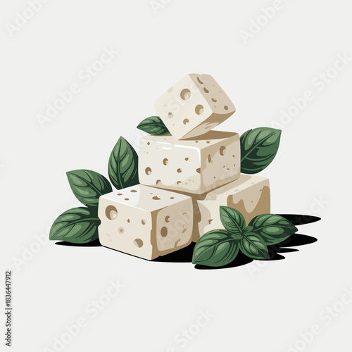 This image features fresh tofu cubes artfully arranged with vibrant green leaves, showcasing a healthy and inviting culinary option for food lovers and chefs alike.