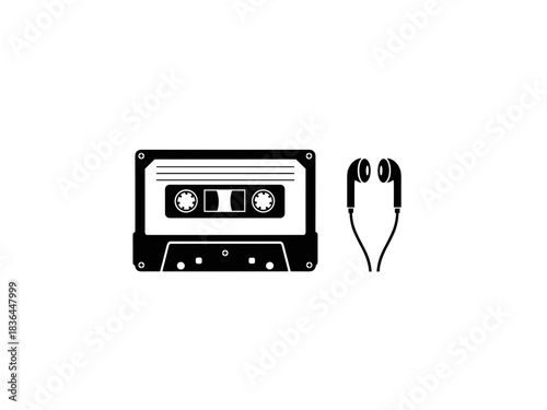 Retro cassette next to headphones on a transparent background in black silhouette style, copy space
