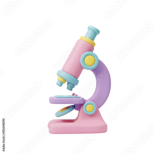 A colorful, cartoon-style microscope with pink, purple, and yellow accents, isolated on a white background.