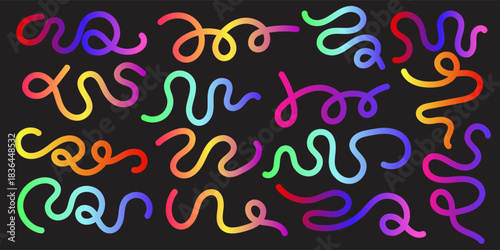 Colorful gradient abstract lines, dynamically winding and squiggly shapes. A vibrant, energetic visual on dark background, perfect for modern design and creative backdrops