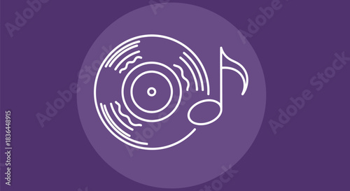 White vinyl record and music note icon on a purple circular background