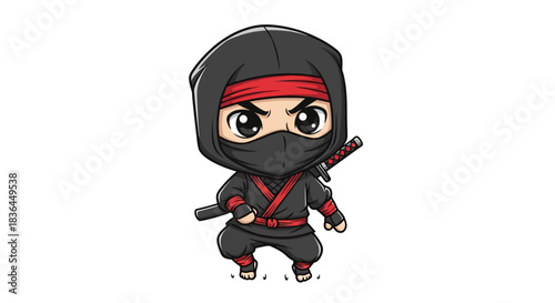 Stealth Warrior: A captivating cartoon ninja, clad in classic black attire with a red headband, embodying stealth and martial prowess, brandishing a katana, ready for action.