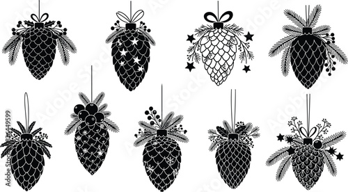 Christmas pinecone ornament silhouettes with festive evergreen branches, holiday decorations, rustic winter botanical elements, seasonal celebration design