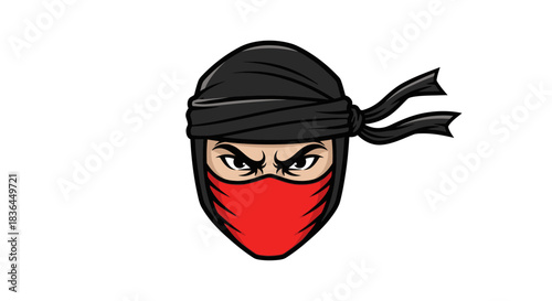 Ninja Illustration: A fierce ninja, embodying stealth and focus, is illustrated in a bold style. The ninja wears a black hood and red mask, with intense eyes peering out, ready for action.