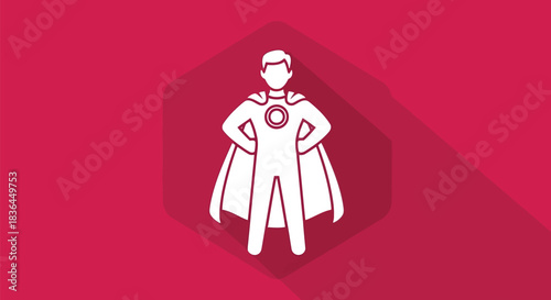 Superhero icon on a red background with a long shadow and a cape