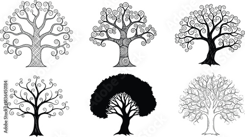 Collection of decorative swirl trees with intricate curly branches, artistic patterns, and nature-inspired designs symbolizing growth, creativity, and organic beauty