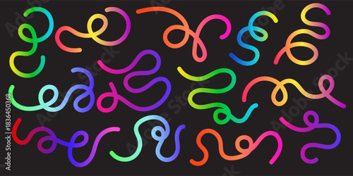 A diverse set of abstract squiggly lines featuring vibrant rainbow gradients. Modern collection of colorful, wavy, and fluid shapes for creative design