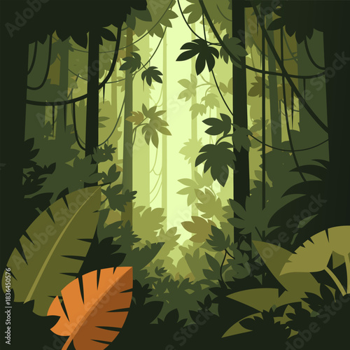 Vibrant Jungle Canopy Illuminated by Soft Sunlight, Lush Green Foliage and Hanging Vines