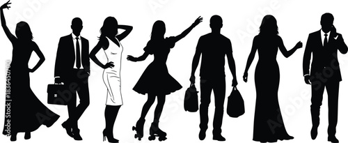 Collection of elegant male and female silhouettes posing, walking, dancing, shopping, and expressing lifestyle, fashion, movement, personality, and activity