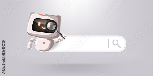 Search bar and AI chatbot assisting in finding information and providing solutions. Technology supports data retrieval and analysis. Artificial intelligence robot helping answer questions, generating.