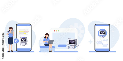Chatbot concept. People characters chatting with chat bot in smartphone and laptop. AI robot assistant with customer support. Set of vector illustration isolated on white background.