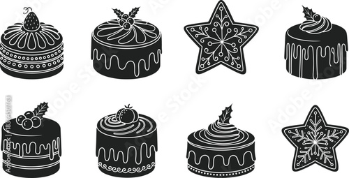 Collection of festive Christmas cakes and star cookies decorated with berries, icing, and seasonal details for holiday baking designs