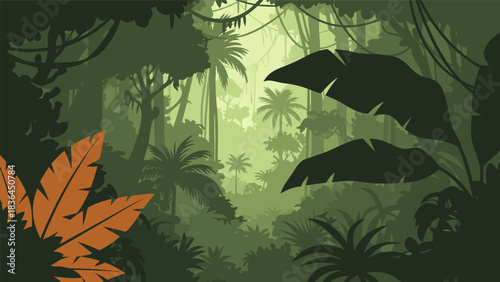 Lush and vibrant tropical jungle illustration with dense green foliage and exotic plant life, evoking a serene natural environment and wild beauty