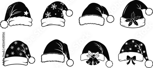 Collection of festive Santa hats decorated with stars, snowflakes, holly, bows, and winter elements for Christmas holiday design themes