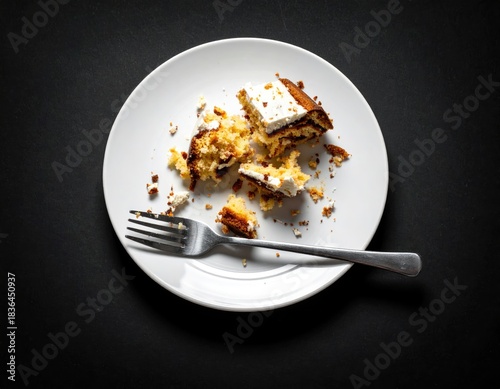 Overhead shot of a white plate with partially eaten cake slices and a fork on a black surface