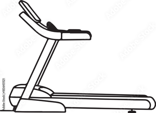 Line art illustration of a modern treadmill, essential fitness equipment for indoor running and exercise.