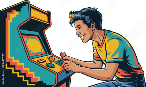 Vintage Arcade Game Machine With Young Man Playing Retro Entertainment on Transparent Background