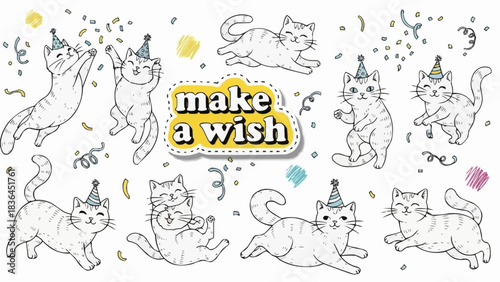 Cute Cats Celebrating with Party Hats and Confetti.