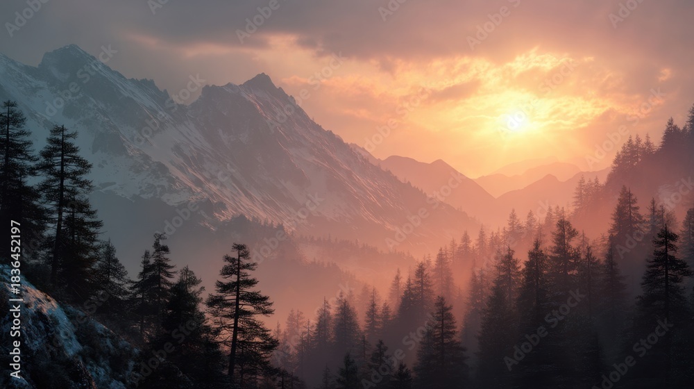 Obraz premium A vibrant sunset lights up the sky with warm colors above towering mountains. Dark silhouettes of evergreen trees add depth to the tranquil scene evoking a sense of peace and wilderness.