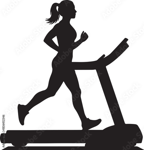 Silhouette of woman running on a treadmill, symbolizing fitness, health, and active exercise lifestyle