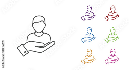 Customer care icon with person outline and hand offering support isolated