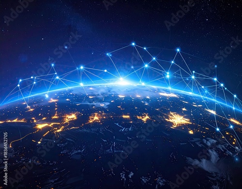 Illuminated Earth at night, with digital network connections overlayed. Global connectivity visualized