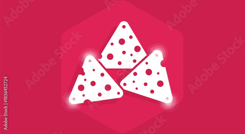 Three stylized white cheese wedge icons on a vibrant magenta hexagonal background