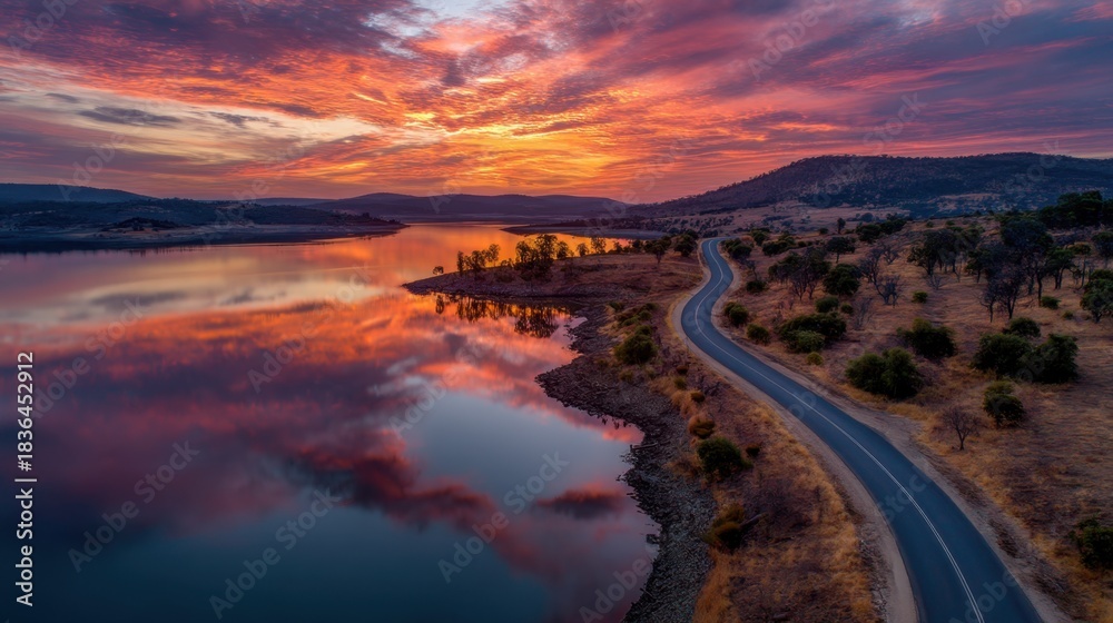 Fototapeta premium A beautiful sunset over a lake with a road in the distance. The sky is filled with orange and pink hues, creating a serene and peaceful atmosphere. The water reflects the colors of the sky