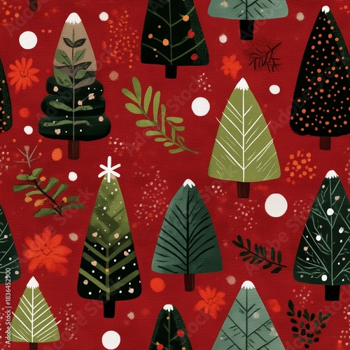 Festive Christmas Tree Tileable Pattern on Red Background