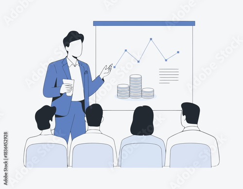 A business coach presenting a financial growth strategy with charts and data to an engaged audience in a corporate seminar